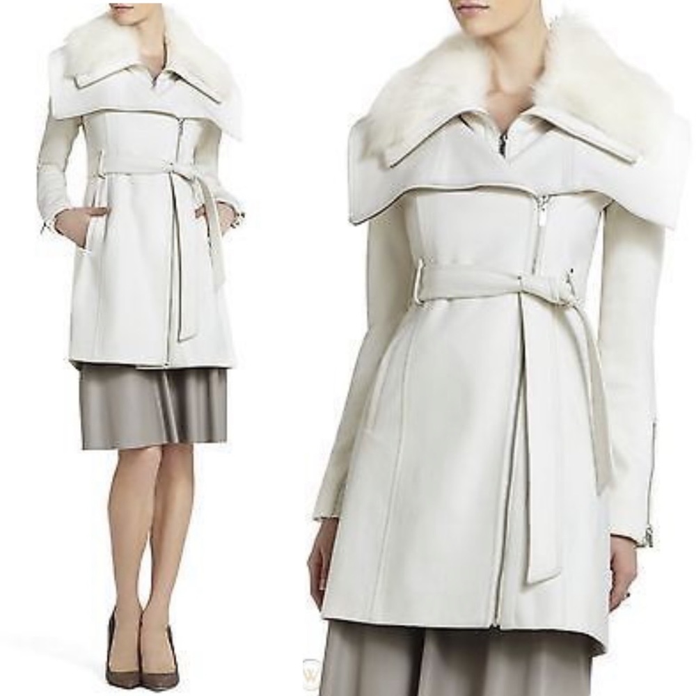 $598 BCBGMAXAZRIA White Wool Real Fur Collar Victoria XS Overcoat Pea Coat